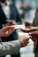 Group of professionals exchanging blank business cards at networking event. Collaboration and corporate identity mockup. Copy space included.