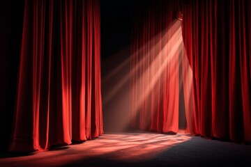 Moody stage with red curtains partially drawn, illuminating the space with soft light and creating an inviting atmosphere for upcoming performance