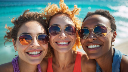 Three happy friends enjoy a sunny beach day, smiling at the camera with sunglasses on.