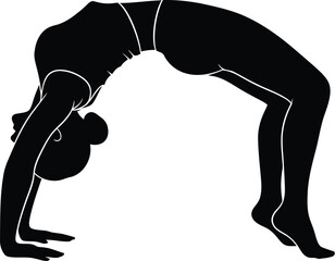 Vector art of silhouette of a woman in wheel yoga pose, a backbend asana, demonstrating flexibility, strength, and balance