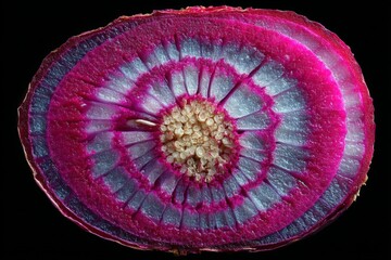 Unique cross-section of a vibrant beetroot showing intricate patterns and colors in a dark background