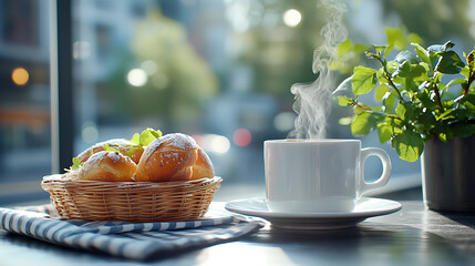 Indulging in morning coffee and fresh pastries urban  close-up food scene cozy ambiance inviting comfort for a perfect start