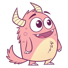 Cute pink monster with horns and tail isolated on white background