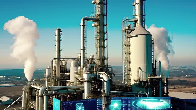 Refinery towers emit vapor under clear sky, showcasing complex machinery used in transformation of crude oil into energy and chemicals. high-tech oil company enterprise with modern advanced equipment