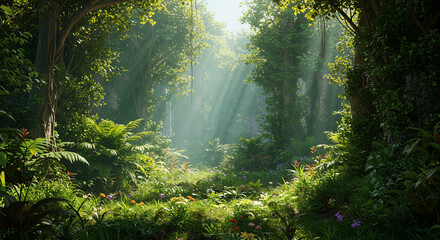Fototapeta premium Sunlight streaming through dense forest canopy illuminating lush green vegetation and wildflowers