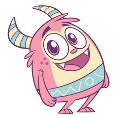 Cute pink monster with striped horns and belly isolated on white background