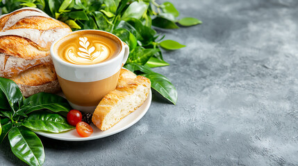 Savoring morning comfort coffee and fresh bread in a cozy indoor nook close-up shot of a relaxing morning routine