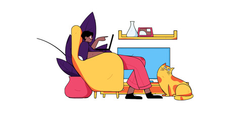 Cozy cartoon scene of a person relaxing in a yellow armchair with a cat watching television, perfect for illustrating leisure time, home entertainment, and the joy of simple pleasures