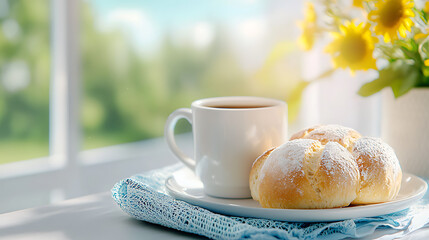 Morning tea and sweet buns cozy kitchen food photography bright atmosphere close-up view culinary delight