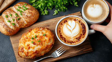 Savor a cozy breakfast spread with coffee cheese and fresh bread indoors - a culinary delight captured from above