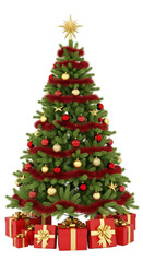 Decorated christmas tree with presents isolated on transparent background