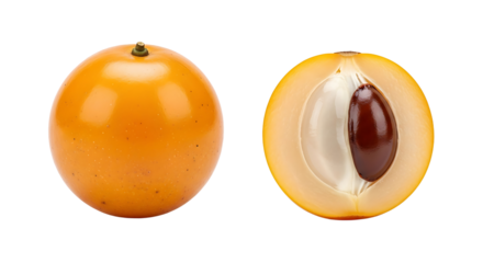Closeup of a Whole and Halved Loquat Fruit with a Dark Seed.