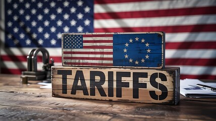 Wooden sign with the word tariffs in front of a betsy ross american flag and a metal scale symbolizing trade and economic policy