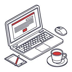 Isometric view of laptop, coffee, mouse, and tablet isolated on white background