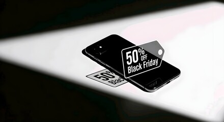 Two black smartphones with a 50% Black Friday discount tag on a white surface, surrounded by dark shadows. AI Generated