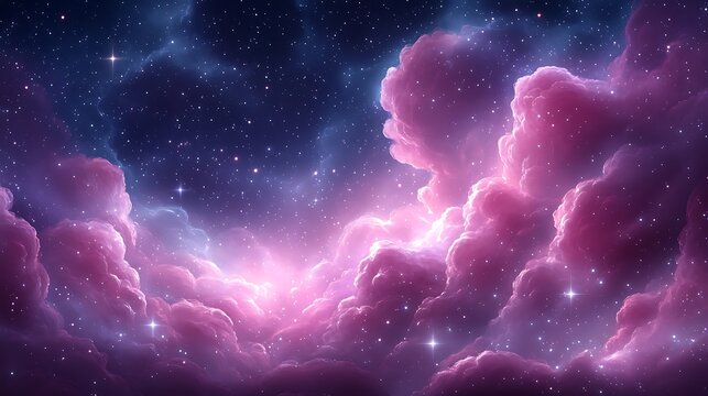 Pink and purple celestial clouds fill the night sky.