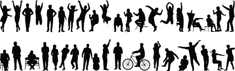 Silhouettes of people jumping, walking, sitting, dancing, cycling, posing, isolated vector, men and women, lifestyle activities, creative black shapes