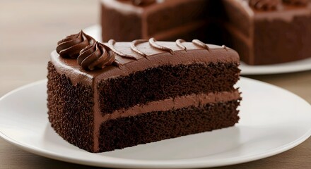 A moist chocolate cake slice with frosting on a white plate, with another cake in the background, AI Generated.