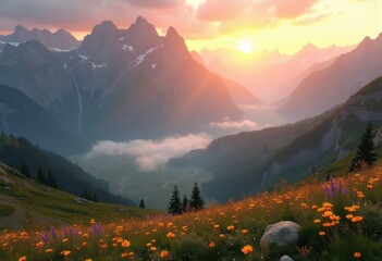 stunning sunrise over alpine peaks lush valleys awakening splendor, nature, landscape, dawn, horizon, sky, cloud, scenery, forest, terrain, meadow