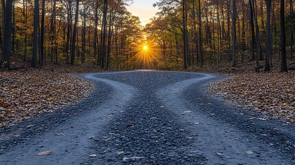 Obraz premium A gravel path winds through a forest at sunset.