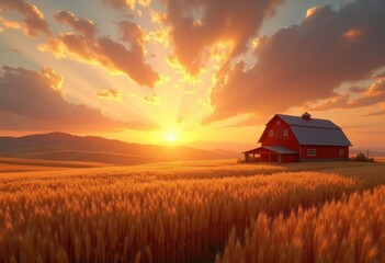 stunning sunset over golden wheat fields charming barn radiant evening light, landscape, sky, clouds, horizon, rural, agriculture, scenery, farmland
