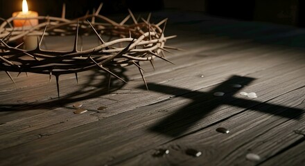 A crown of thorns and a candle on a wooden table cast a cross shadow, symbolizing sacrifice and faith. AI Generated