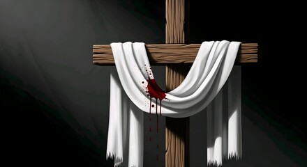 A wooden cross with white cloth and a red heart, symbolizing sacrifice, against a dark background with subtle lighting. AI Generated
