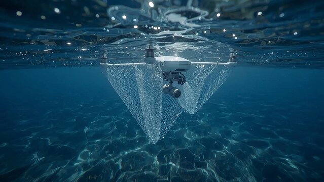 AI enabled ocean cleanup drone releasing microfiltration nets collecting pollution particles over clean blue water environment image