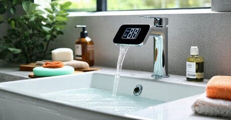 Modern bathroom sink features digital faucet displaying time. Soap, towels present near water stream. Clean, minimalist design.