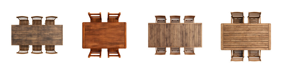 Four wooden dining sets with chairs top view isolate dining table wooden table