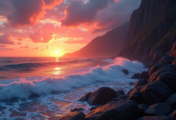 stunning vibrant sunset over majestic rocky shoreline colorful sky ocean waves, sea, landscape, nature, horizon, beach, coast, clouds, water, evening