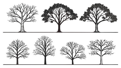 Fototapeta premium Collection of Eight Stylized Tree Silhouettes in Black and White trees nature