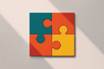 A square arrangement of four puzzle pieces in teal orange and yellow on a white surface with light shadow
