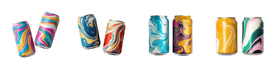 Fototapeta premium Assortment of beverage cans displaying vibrant abstract marbled liquid patterns transparent background