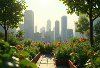sustainable rooftop gardens urban skyline nature blend green serenity fresh organic breeze, sustainability, plants, city, landscape, flora, biodiversity