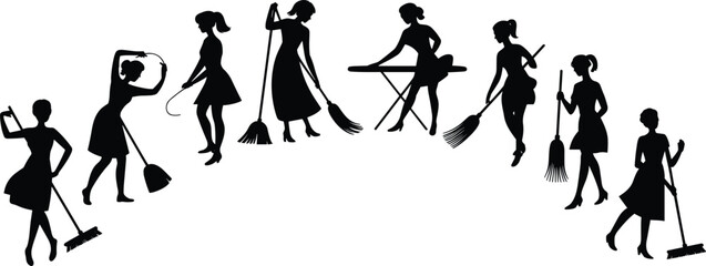 Silhouettes of women cleaning, sweeping floor, mopping, ironing clothes, house chores, domestic work, home cleaning, housekeeper, daily routine, black vector