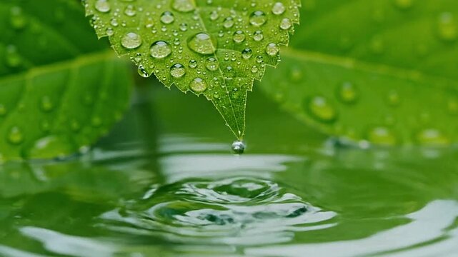 Green leaf with water droplets one dripping creating a ripple in water