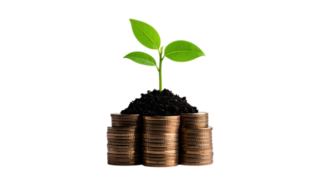 Flourishing plant growing from coins, a symbol of financial growth and investment