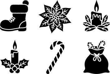 Fototapeta premium Christmas silhouettes Santa Boot Bloom Candle Light Warm Hug Sweet Cane house Gift Bag