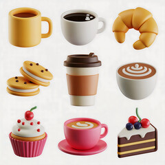 A collection of stylized coffee cups and baked goods on a white background in a grid layout