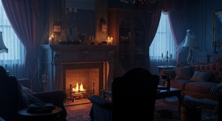 A dimly lit living room with a fireplace. Candles flicker on the mantel. Dark curtains frame the windows. A vintage sofa and armchair add to the eerie atmosphere, perfect for Halloween.