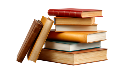 Stack of various books with colorful covers on transparent background