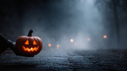 Glowing jack o lantern held by hand on foggy background.