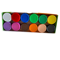 Set of colorful poster or gouache paints in small jars, arranged in a box, top view. Bright pigment containers for art, school, or creative projects, isolated on white background.