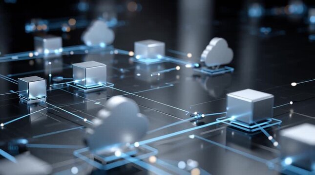 Hybrid Cloud Solution. Central cloud connects digital data blocks in a network system.