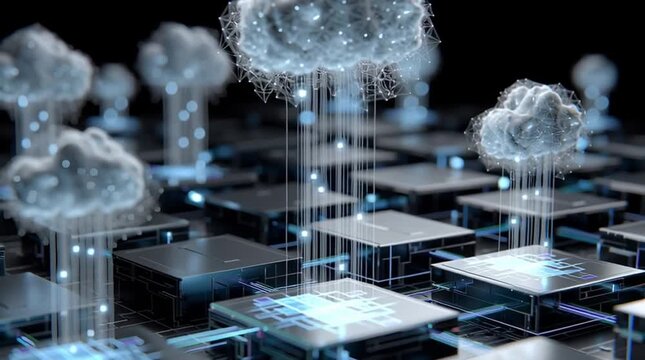 Hybrid Cloud Solution. Digital cloud over networked servers in a data center.