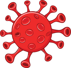 Cartoon illustration of a red virus with numerous protrusions.