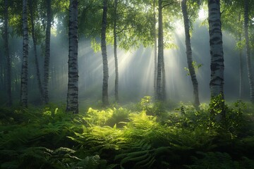 Obraz premium Sunlight streaming through lush green forest with ferns and tall trees creating a magical serene atmosphere