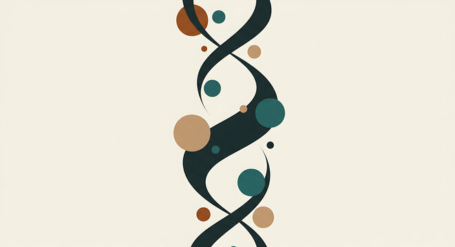Abstract DNA Double Helix Illustration with Organic Flowing Shapes and Earth Tone Dots