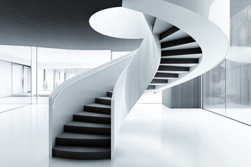 Futuristic spiral staircase in minimal white architectural interior with clean lines and modern design